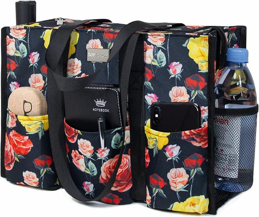 TOPDesign Utility Water Resistant Tote Bag with 13 Pockets, Top Zipper Closure & Thick Bottom Support, for Working Women