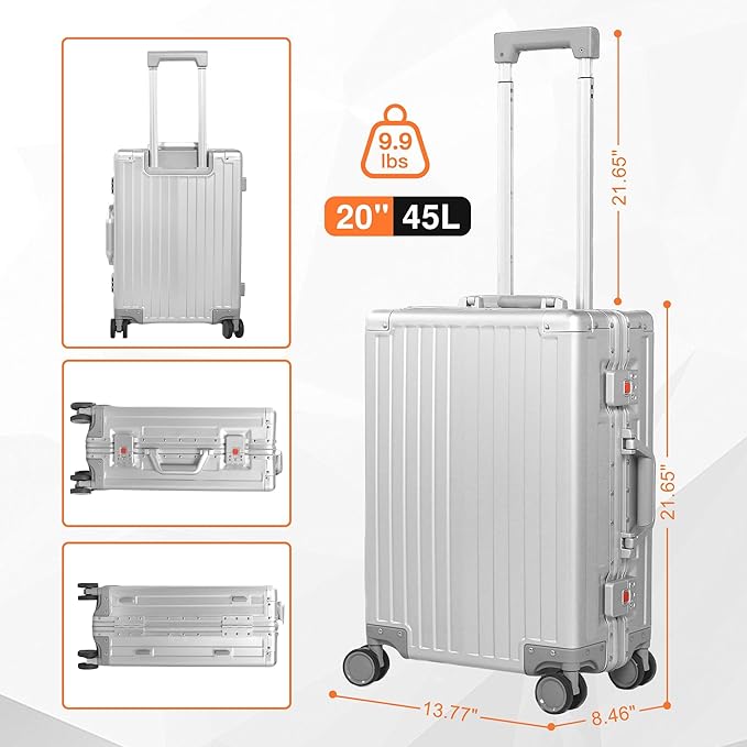 All Aluminum 24 Inch Check In Luggage Hard Shell Suitcases with Spinner Wheels and TSA Lock, Checked Medium Suitcase (Sliver)