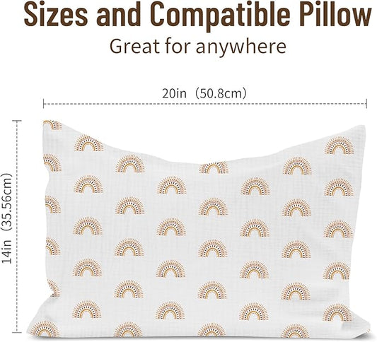 Toddler Pillowcases for 14"x20" Pillow 2 Pack, Muslin Small Toddler Baby Kids Travel Pillow Covers for Boys Girls with Envelope Closure (Beige & Rainbow, 14 x 20 Inch)