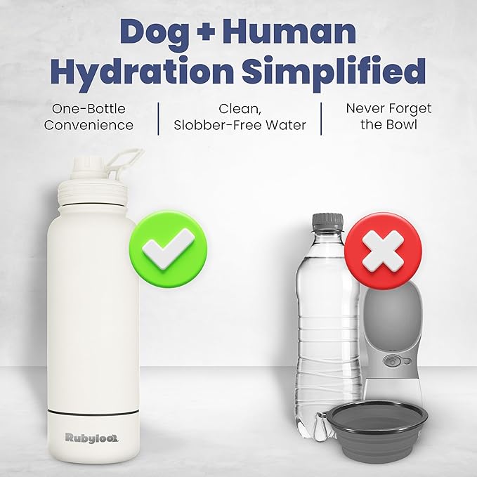 Dog Water Bottle for Dog Lovers - 32 oz Stainless Steel Double Wall Insulated Water Bottle with 8 oz Detachable Bowl on Bottom- Ideal Gift for Doggy Lovers for Christmas - Cream