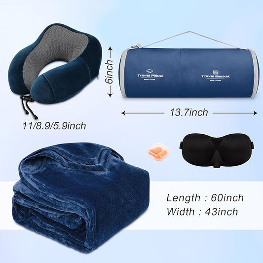 Travel Pillow and Blanket Set Neck Pillows Travel Essentials with Sleep Mask for Airplane Car Memory Foam Blue