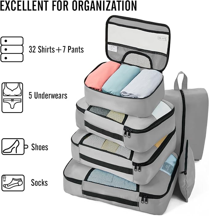 Veken 8 Set Packing Cubes for Travel Essentials, Suitcase Organizer Bags in 4 Sizes, Carry-On Luggage Accessories with Large Laundry & Hanging Toiletry Bag, Must-Have for Airplane, Road Trip & Camping