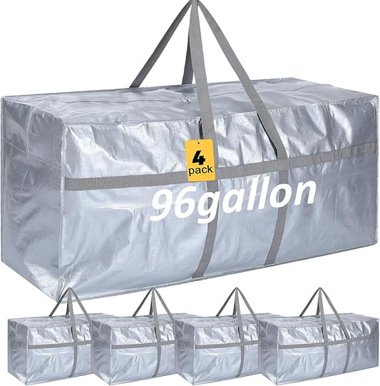 4 Pcs 96 Gallon Large Moving Bags with Zipper and Handles Foldable Storage Duffle Bags Heavy Duty Extra Large Totes for College Dorm Travel Clothes Blankets Bedding Moving (Silver)