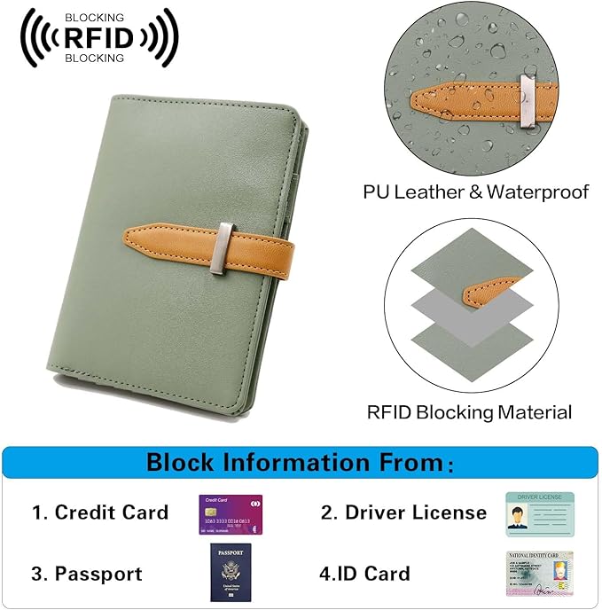 Deziliao Passport wallets, Mulit-purpose RFID Blocking Passport Holder AirTag Wallet, Travel Wallet（Moss Green）