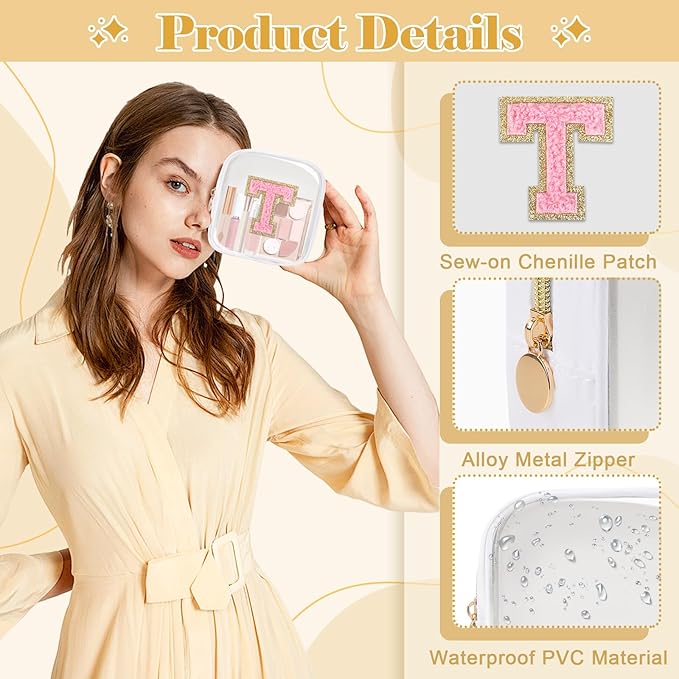 Personalized Initial Letter Clear Preppy Makeup Bag,Mini Nylon Chenille Letter Cosmetic Bag Cute Zipper Pouch Purse for Teen Girls,Portable TSA Approved Beach Travel Essentials Bag Gift for Women,T