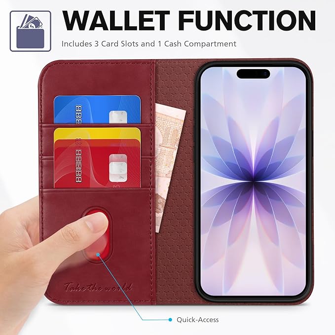 TUCCH Wallet Case for iPhone 17 (6.3") 2025, 3 Credit Card Slot | RFID Blocking | Stand | PU Leather | Protective Flip Folio Cover | Shockproof TPU Interior Shell | Deep Red