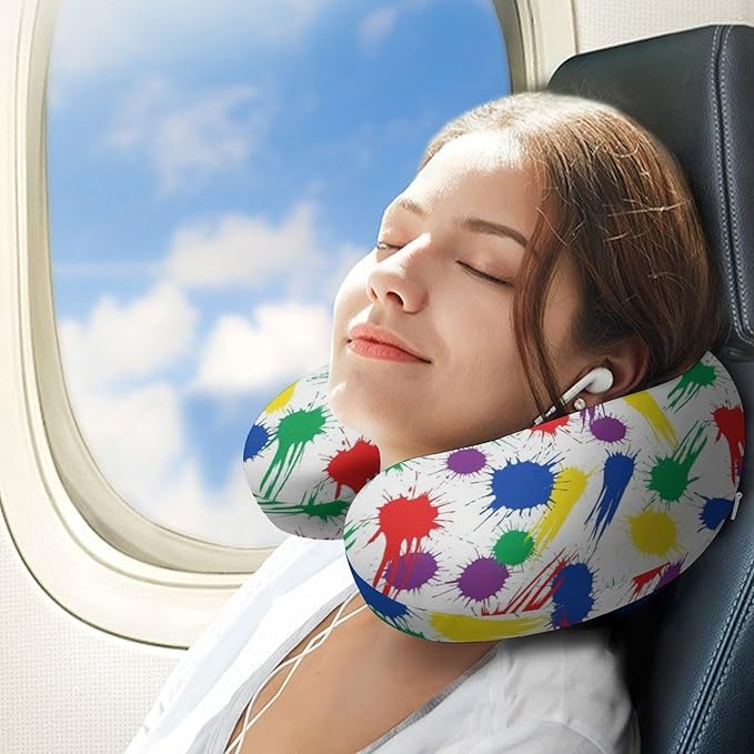 Fashion Travel Pillow Memory Foam Chin Head Support Colorful Paint Splatter, Breathable Washable Cover for Women Men Airplane Car Decor