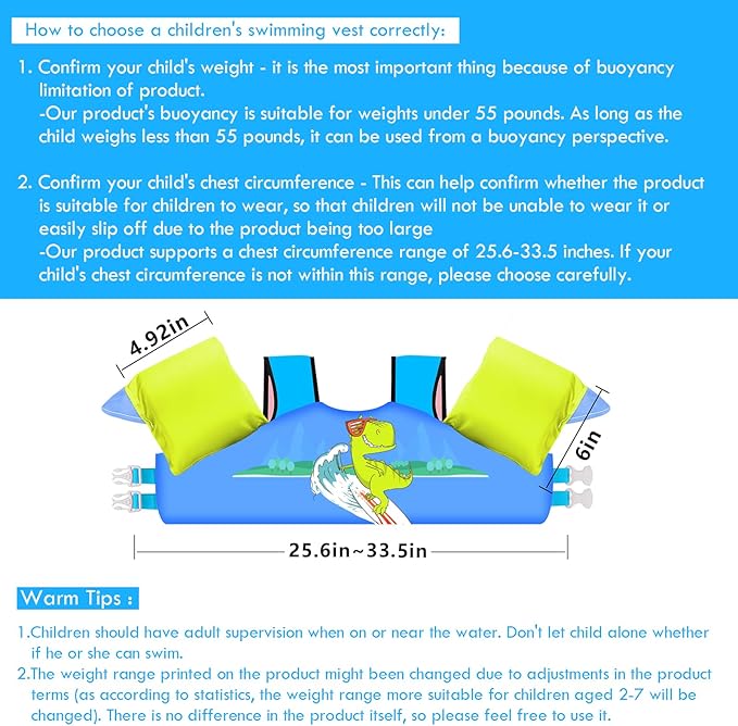 Chriffer Kids Swim Vest Life Jacket for 30-55 Pounds Boys and Girls, Toddler Floaties with Shoulder Harness Arm Wings for 2,3,4,5,6,7 Years Old Baby