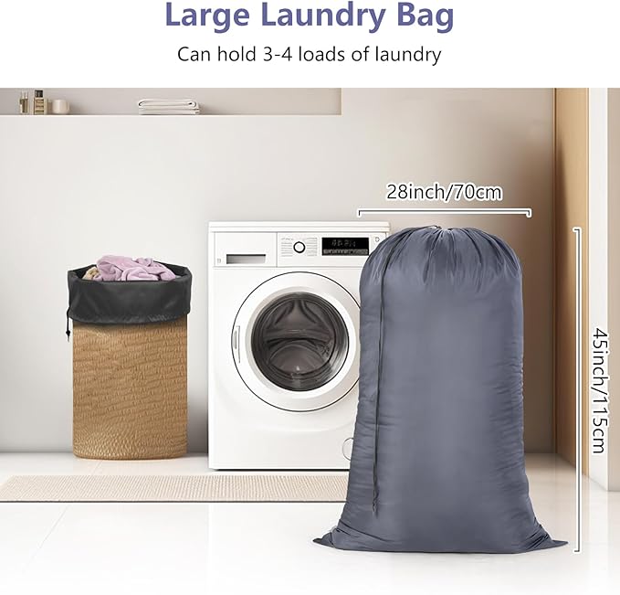 OTraki Laundry Bag 28x45 Inch Heavy Duty Laundry Wash Bag 2 Pack Large Laundry Basket Liner Bags Hamper Bag Dirty Clothes Organizer with Drawstring Closure for Travel Camp College Dorm (Grey&Black)