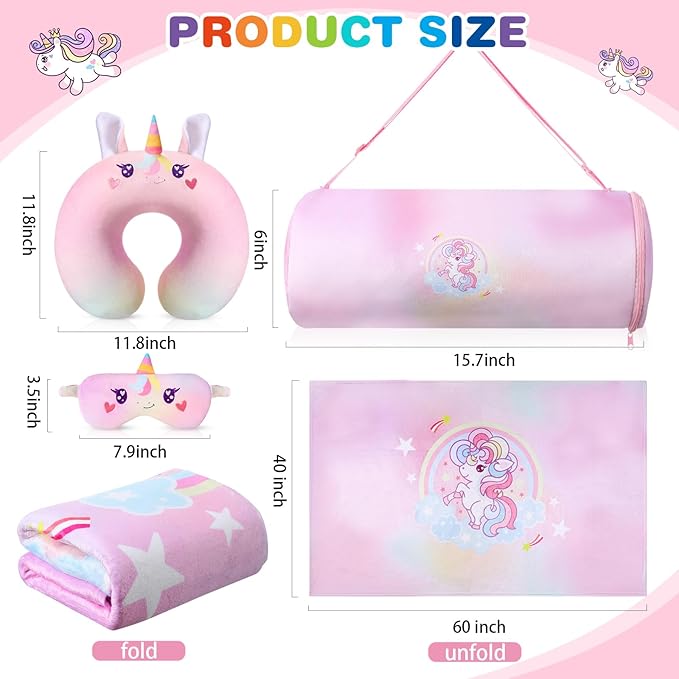 4 Pcs Unicorn Travel Pillow and Blanket Set for Kids Airplane Blanket Memory Foam Neck Pillow Eye Mask Pink Storage Bag Kids Travel Gifts for Girl Airplane Car Trip Sleeping Home Use