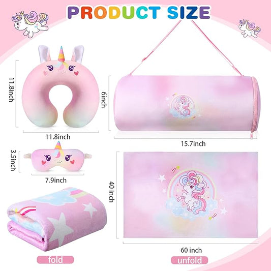 4 Pcs Unicorn Travel Pillow and Blanket Set for Kids Airplane Blanket Memory Foam Neck Pillow Eye Mask Pink Storage Bag Kids Travel Gifts for Girl Airplane Car Trip Sleeping Home Use