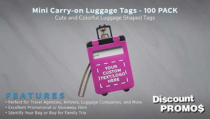 100 Mini Carry-on Luggage Tags Pack - Customizable Text, Logo - Flip Open Cover, ID Sticker - Purple