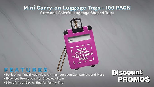 100 Mini Carry-on Luggage Tags Pack - Customizable Text, Logo - Flip Open Cover, ID Sticker - Purple