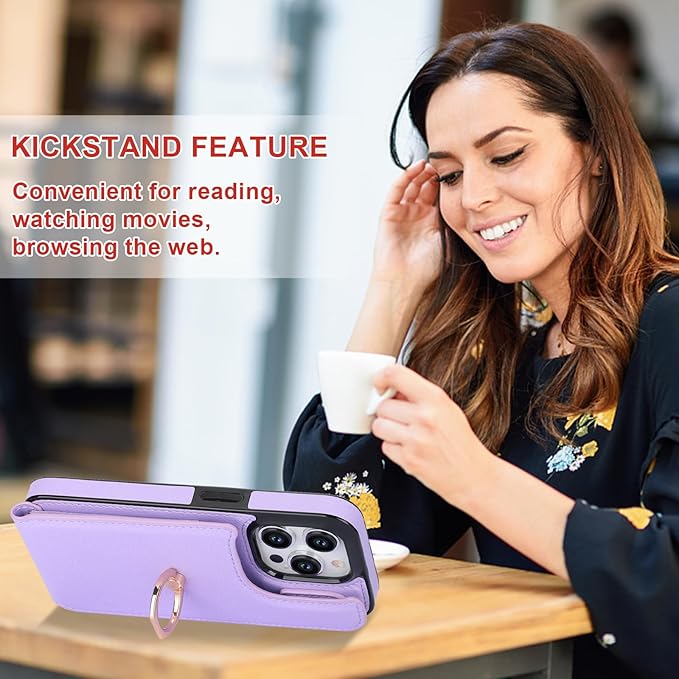 Folosu Compatible with iPhone 15 Pro Case Wallet with Card Holder, 360°Rotation Finger Ring Holder Kickstand, RFID Blocking Leather Protective Double Buttons Shockproof Cover 6.1 Inch Purple