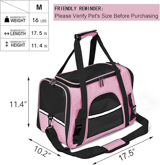 Dog Cat Carrier Soft for Small Pet Up to 16 Lbs TSA Airline Approved Travel Carrier Collapsible Puppy Car Mesh Bag 17.5 * 10.2 * 11.4 inch - Pink