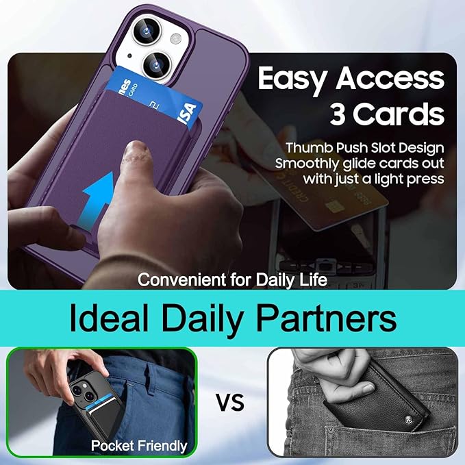 Ntwinro Magnetic for iPhone 15 Case (Compatible with MagSafe) with Detachable Wallet & Card Holder for 3 Cards [RFID Blocking] Military Grade Protective Slim Phone Cover, Purple