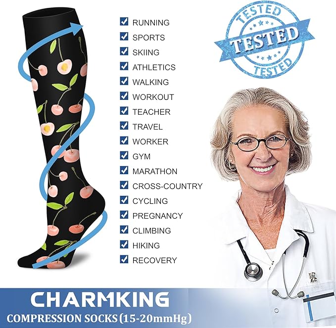 CHARMKING Compression Socks for Women & Men Circulation (8 Pairs) 15-20 mmHg is Best Support for Athletic Running,Cycling