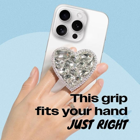 OnTheGrip Cute Cubic Diamond Heart Shape Design Collapsible Expandible Mobile Phone Grip Stand Holder for Smartphone Tablet Cell Phone Accessory (Silver Big)