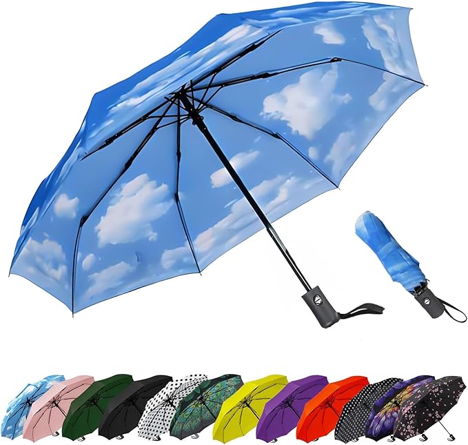 SIEPASA Windproof Travel Compact Umbrella-Automatic Umbrellas for Rain-Compact Folding Umbrella, Travel Umbrella Compact, Small Portable Windproof Umbrellas for Men Women Teenage. (Sky)