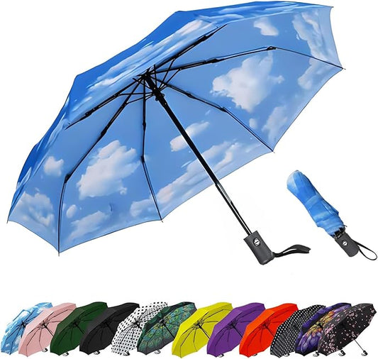 SIEPASA Windproof Travel Compact Umbrella-Automatic Umbrellas for Rain-Compact Folding Umbrella, Travel Umbrella Compact, Small Portable Windproof Umbrellas for Men Women Teenage. (Sky)