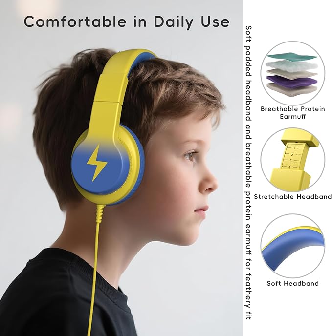 Kids Headphones, Wired Headphones for Kids Over Ear with Microphone, 85/94dB Volume Limiter Headphone for Girls Boys, Foldable Headphone for Learning & Entertainment, Light Yellow