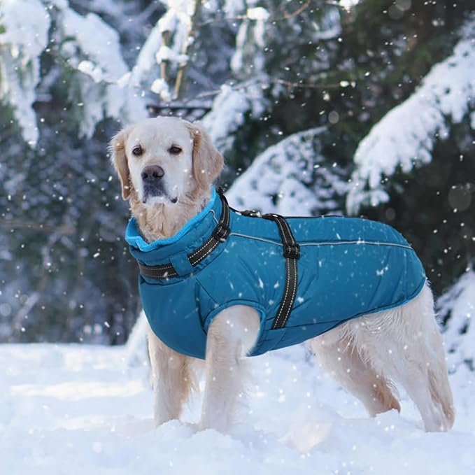 Lelepet Waterproof Dog Jacket with Harness Built in Warm Dog Winter Coat, Reflective Windproof Fleece Jacket, Dogs Coats for Lage Dogs, Thermal Pet Snowsuit for Cold Weather, French Bulldogs, Blue, L