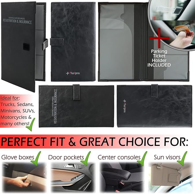 Auto Insurance and Registration Card Holder - Vehicle Glove Box Document Organizer - Car Essential Paperwork Holder for DMV, AAA, Contact Information Cards - Premium PU Leather Wallet Case - Black
