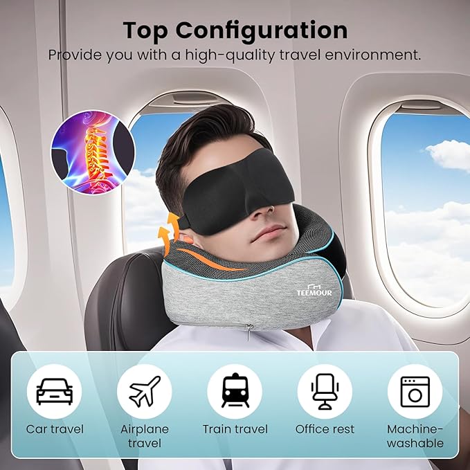 Upgraded Travel Pillow Memory Foam Neck Pillow Airplane- 360° Support Travel Pillows for Airplanes, With Eye Mask & Earplugs, Portable Carry Bag for Long Flights, Train| Best Travel Essentials
