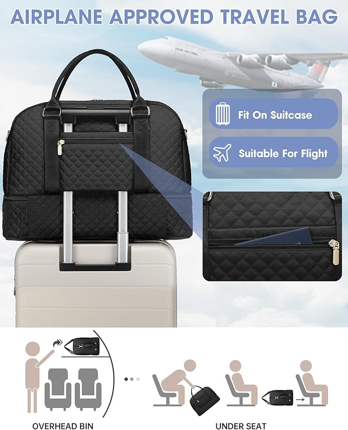 Women Weekender Travel Duffle Bag: Large Overnight Bags with Shoe Compartment Carry on Bags with Toiletry Bag Weekend Yoga Gym Bag with Wet Pocket Travel Duffel Tote Bag Hospital Bag Black