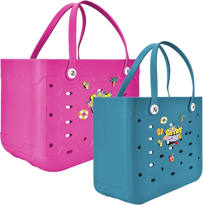 2-Piece Tote Bag Set, Waterproof Rubber Beach Bag with Summer Pattern, Medium & Large Handbag for Pool, Beach, Boat
