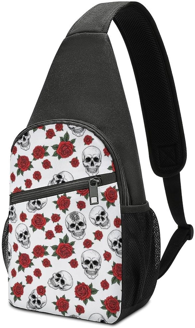SWEET TANG Casual Sling Backpack Chest Shoulder Crossbody Backpacks, Unbalance Gym Funny Sack, Halloween Skull Rose Flower, Satchel Travel Bag Outdoor Hiking Daypack for Men Women