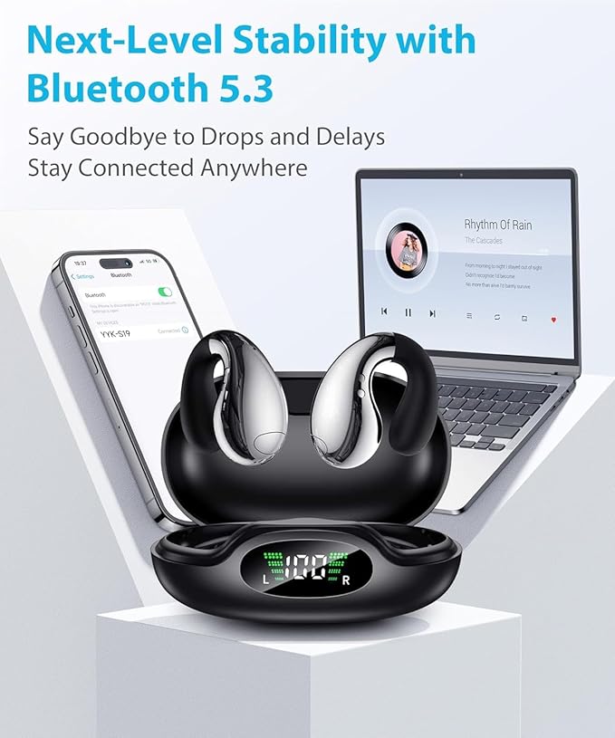 Ultra Open Ear Earbuds - Ergonomic Clip-On Earbuds, Bone Conduction Over-The-Ear Headphones with Waterproof Design and Secure Fit for Small Ears, Crystal Black