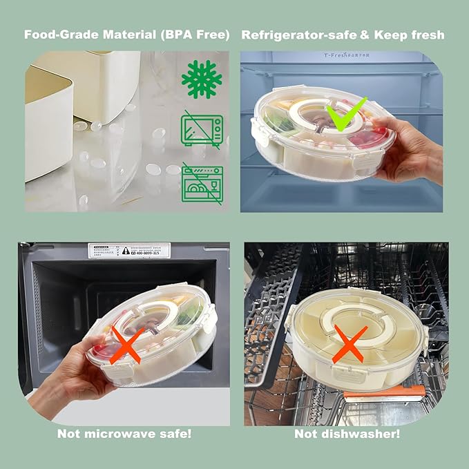 Rotating Divided Serving Tray with Lid and Handle,Snackle Box Container 6-Compartment,Round Snack Box Charcuterie Containers Snack Spinner,Snack Organizer Fruit Platter Veggie Tray for Christmas Party