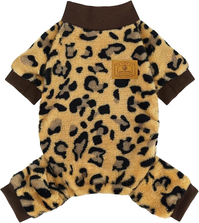 XPUDAC Dog Sweater Leopard Fleece Dog Pajamas for Small Medium Dogs Girl Boy Pet Winter Clothes for Winter Christmas(Small)
