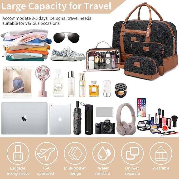 Wogarl Weekender Bags for Women Large Canvas Overnight Bag Travel Duffel Bags Carry on Shoulder Weekend Bag with Shoe Compartment for Travel Night Flight Daily Use