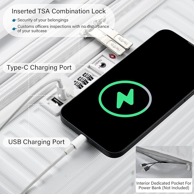 Hard Shell Suitcases Travel Expandable Luggage, 24 Inch Check in Luggage with Spinner Wheels Cup Holder Charger Built in, Checked Medium Suitcase Lightweight Suitcases, White