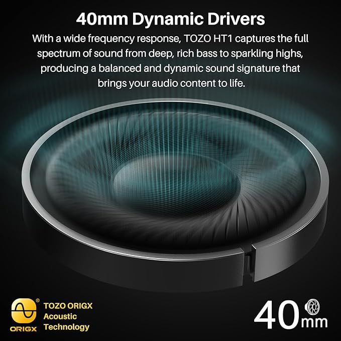 TOZO Hybrid Active Noise Cancelling Headphones, Wireless Over Ear Bluetooth Headset, 40H Playtime, Hi-Res Audio Custom EQ via App Deep Bass Comfort Fit Ear Cups, for Home Office Travel Black