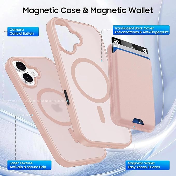 Ntwinro Magnetic for iPhone 16 Case (Compatible with MagSafe) with Detachable Wallet & Card Holder for 3 Cards [RFID Blocking] Military Grade Protective Slim Phone Cover, Pink