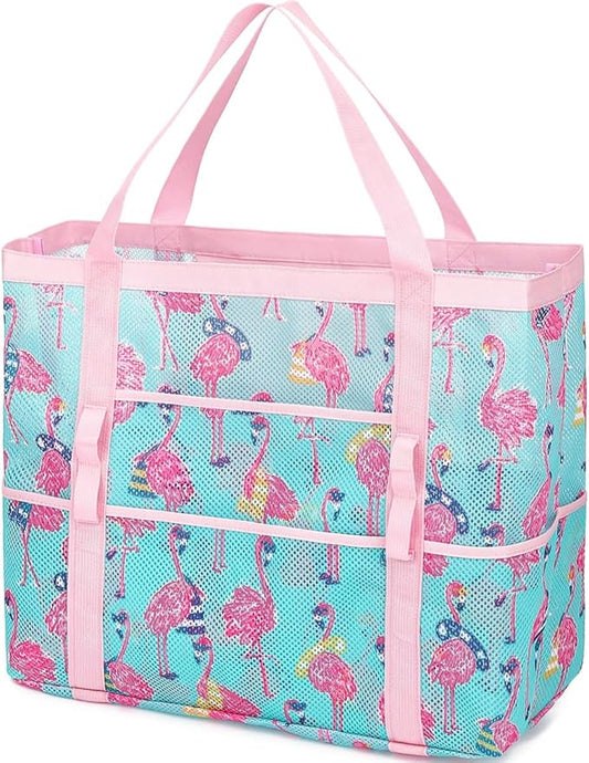 Mesh Beach Bag, Large Beach Tote with Zipper Pocket for Family Pool Bag for Toys & Vacation Essentials