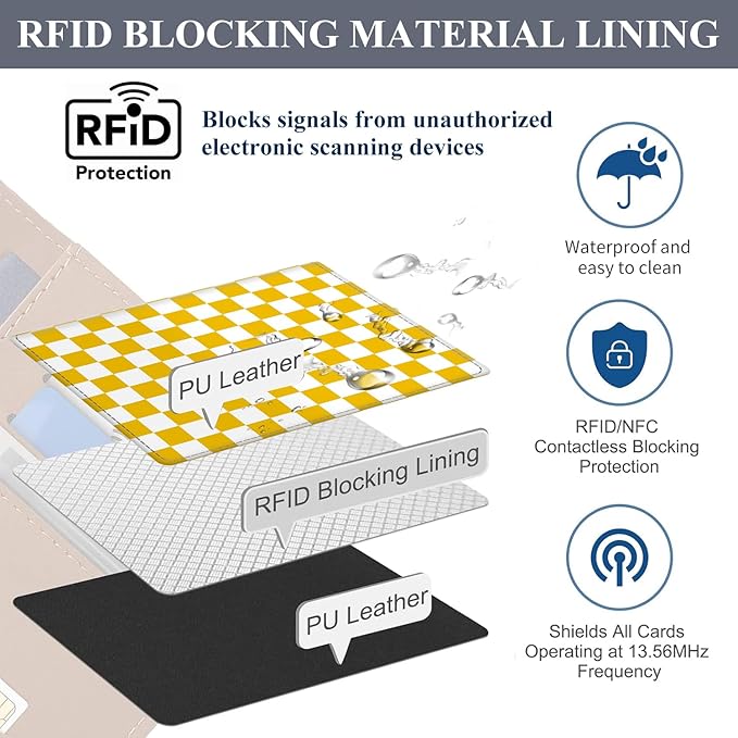 Passport Holder for Travel Essentials, RFID Premium Leather Passport Wallet Cover Case for Travel Must Haves Accessories, Passport Book Holders for Women Men Cute Yellow Checkered