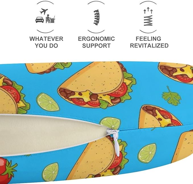 Memory Foam U-Shape Travel Pillow, Mexican Tacos Mint Green U-Shaped, Neck Support Compact for Airplane Bus Rest, Washable Cover Breathable