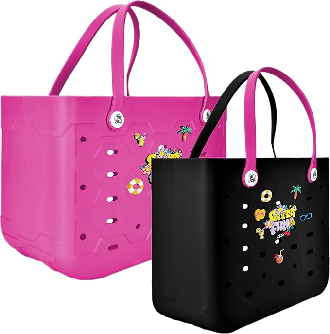 2-Piece Tote Bag Set, Waterproof Rubber Beach Bag with Summer Pattern, Medium & Large Handbag for Pool, Beach, Boat