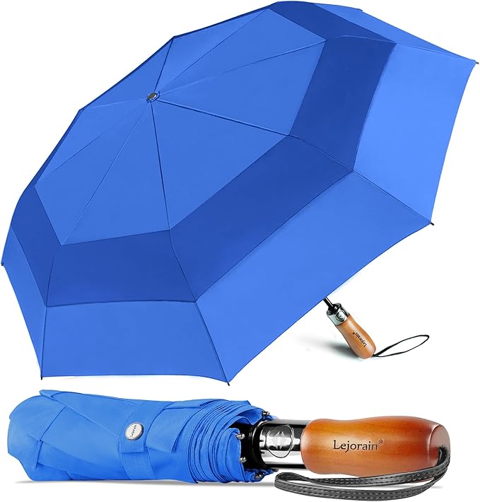 Lejorain Large Folding Golf Umbrella - Compact Mens Umbrellas Travel Rain and Windproof 54inch Collapsible Automatic Open Close Umbrella 210T Teflon Vented Double Canopy
