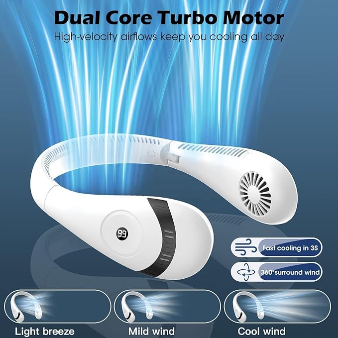Foldable LED Display Neck Fan - 5000mAh Portable Bladeless Fan with 3 Speeds, USB Rechargeable Personal Neck Cooler for Travel, Outdoor, Office, Camping - White