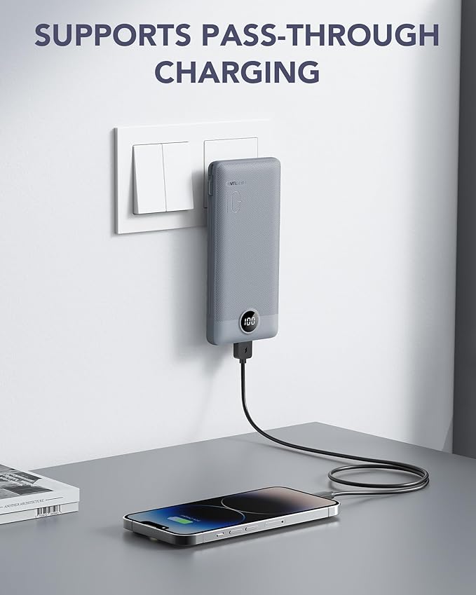 VRURC Portable Charger Built-in Cables and AC Wall Plug, USB C Power Bank 10000mAh, Travel Battery Portable Phone Charger Compact Lightweight External Battery Pack for Smart Phones, Tablets etc-Grey