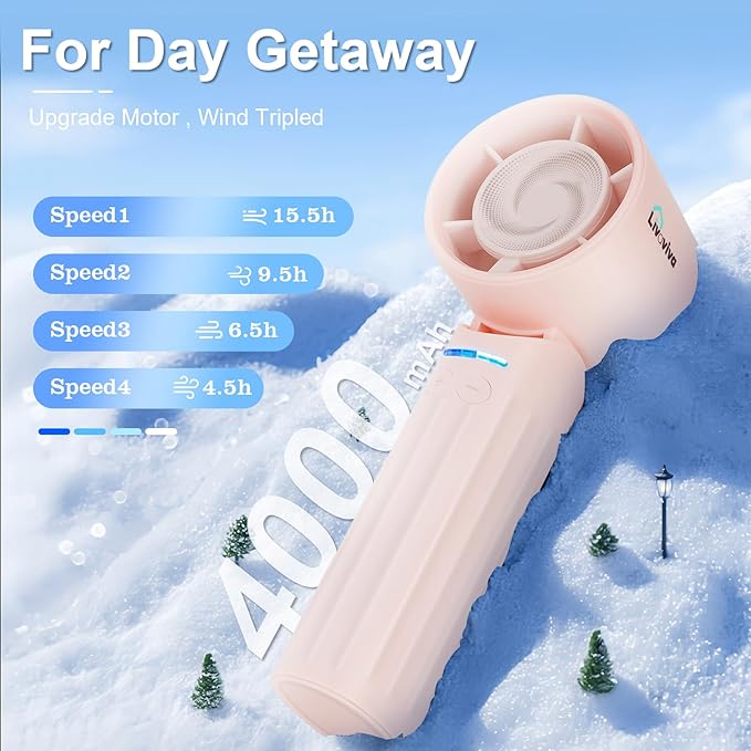 LIVAVIVA Handheld fan, adjustable blowing angle, mini portable turbo fan, USB Type-C rechargeable, infinitely variable speed high-speed personal fan, 11 Hours Battery Life (Pink)
