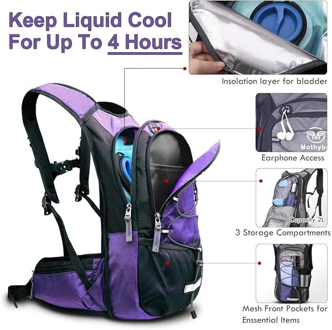 Hydration Pack, Insulated Hydration Backpack with 2L BPA Free Water Bladder and Storage, Hiking Backpack for Men, Women, Kids for Running, Cycling, Camping - Keep Liquid Cool up to 5 Hours