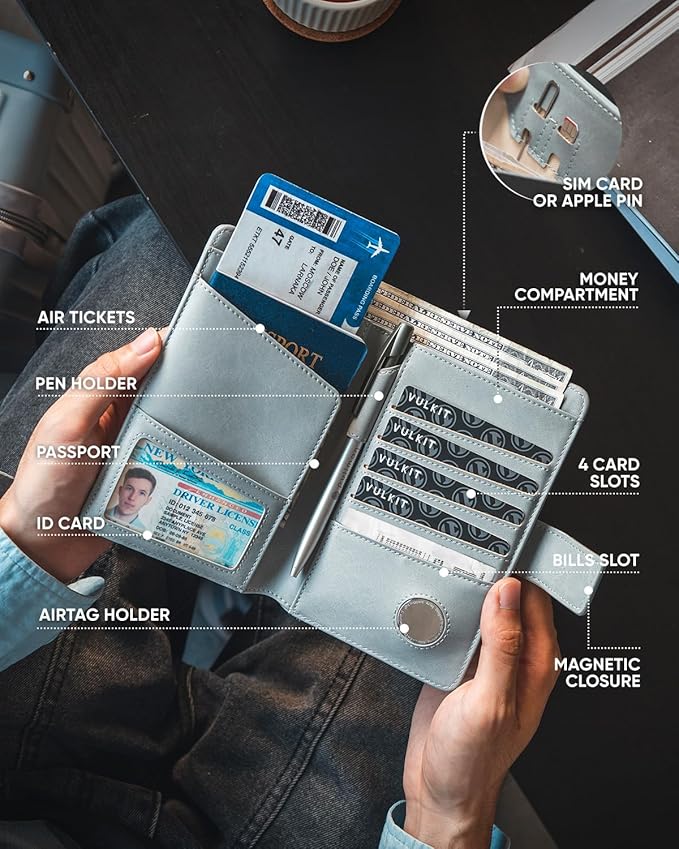 VULKIT Passport Holder with Airtag Holder RFID Blocking Passport Wallet Travel Leather Passport for Women(Blue)