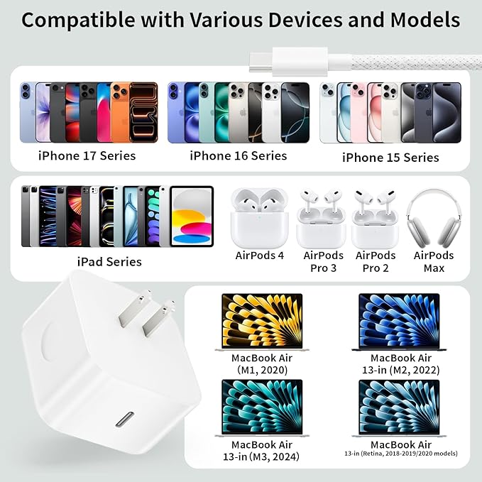 40W Wall Charger with 60W Max,1Pack Foldable Plug & 10FT USB C-C Cable,Quick Charger Adapter Suitable for Devices with Type-C Interfaces,Compatible with 17/ Air/Pro Max/16/15/Pro/Tablet/Earphones