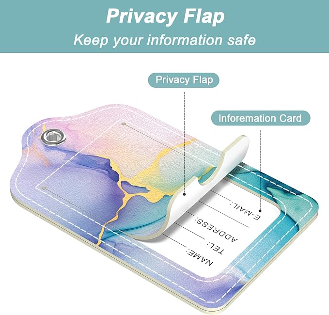 Rimilak 3 Pcs PU Leather Luggage Tags for Suitcase, Travel Cruise Luggage Tag with Privacy Flap, Name ID Label and Metal Loop for Women Men Baggage Handbag School Bag Backpack, Purple Marble